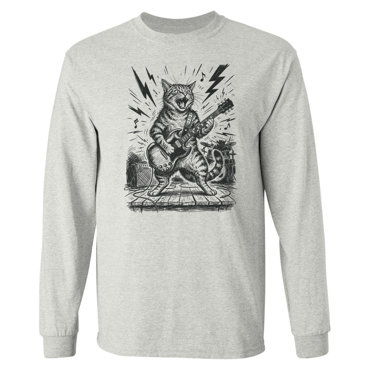 Cute Cat Playing Electric Guitar Funny Rock Cat Long Sleeve T-Shirt