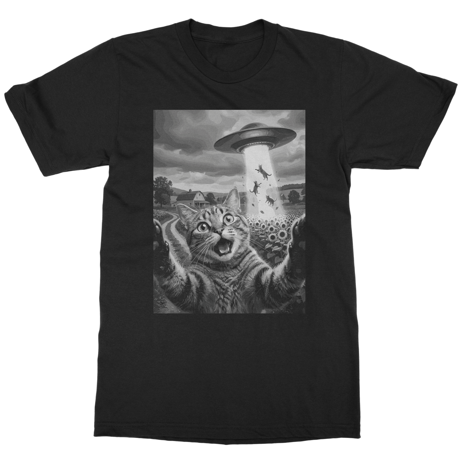 Cat Selfie Graphic UFO Alien Cat Abduction Funny Unisex T-Shirt