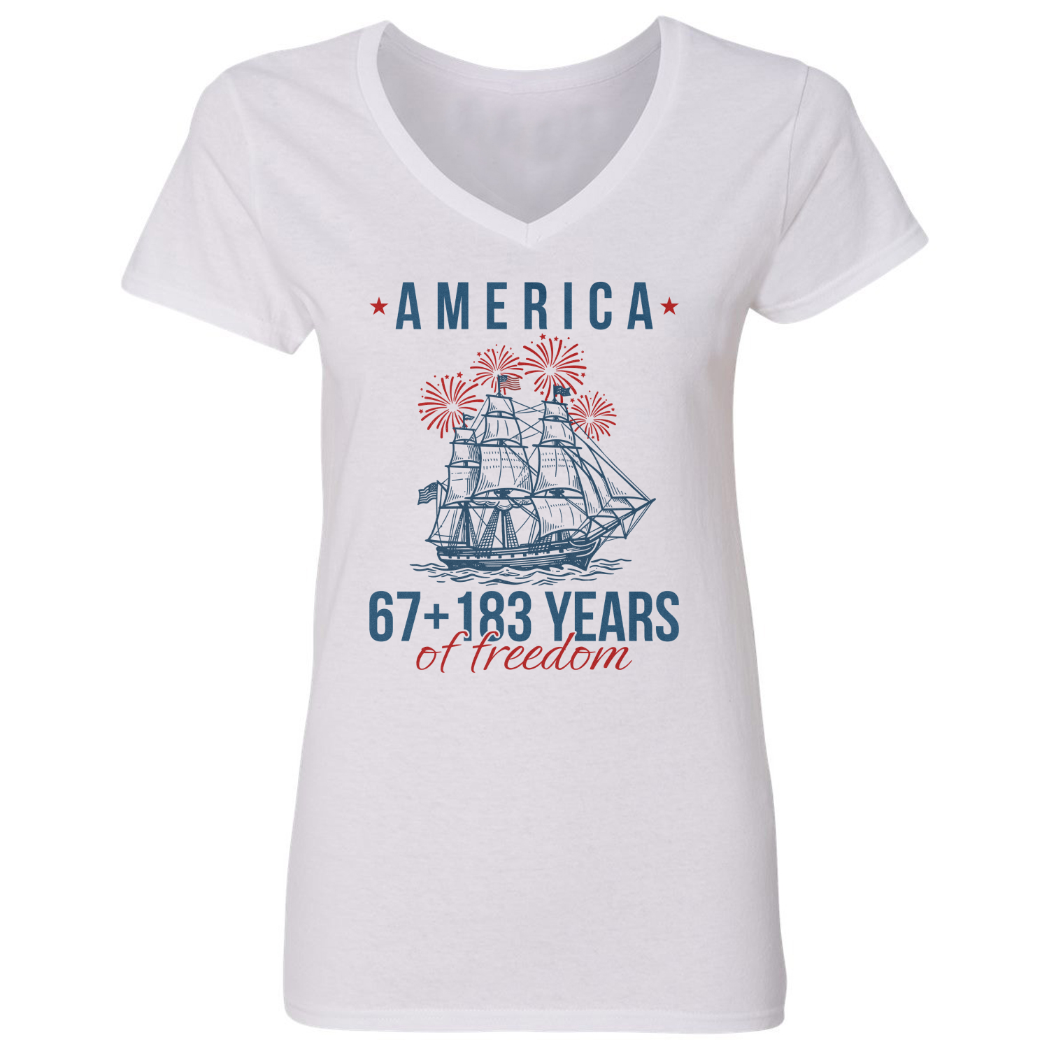 America 67+183 Years of Freedom USA Ship Ladies’ V-Neck Tshirt