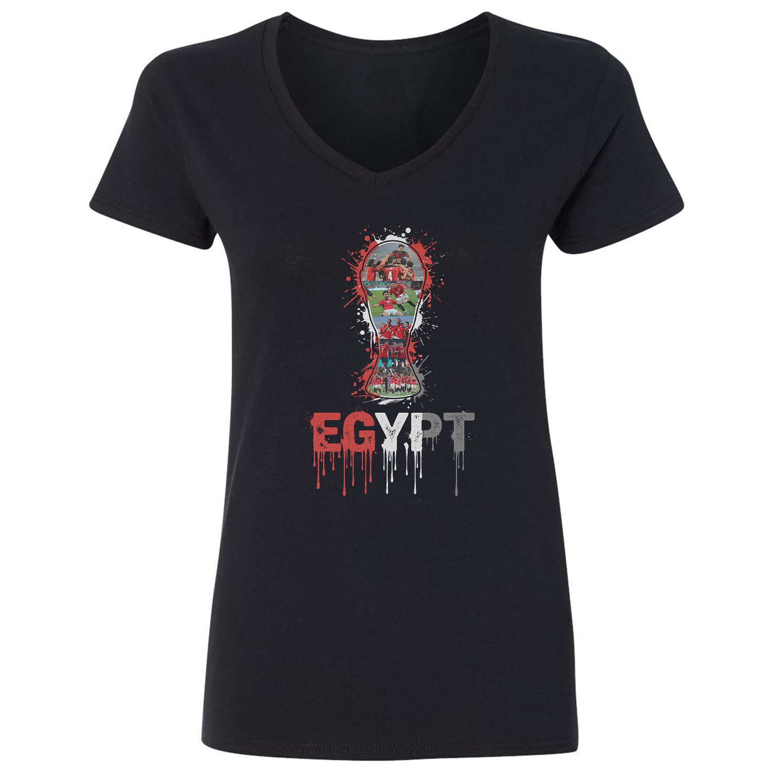 Egypt Trophy Splash Collage Soccer Fans Tribute Ladies’ V-Neck Tshirt