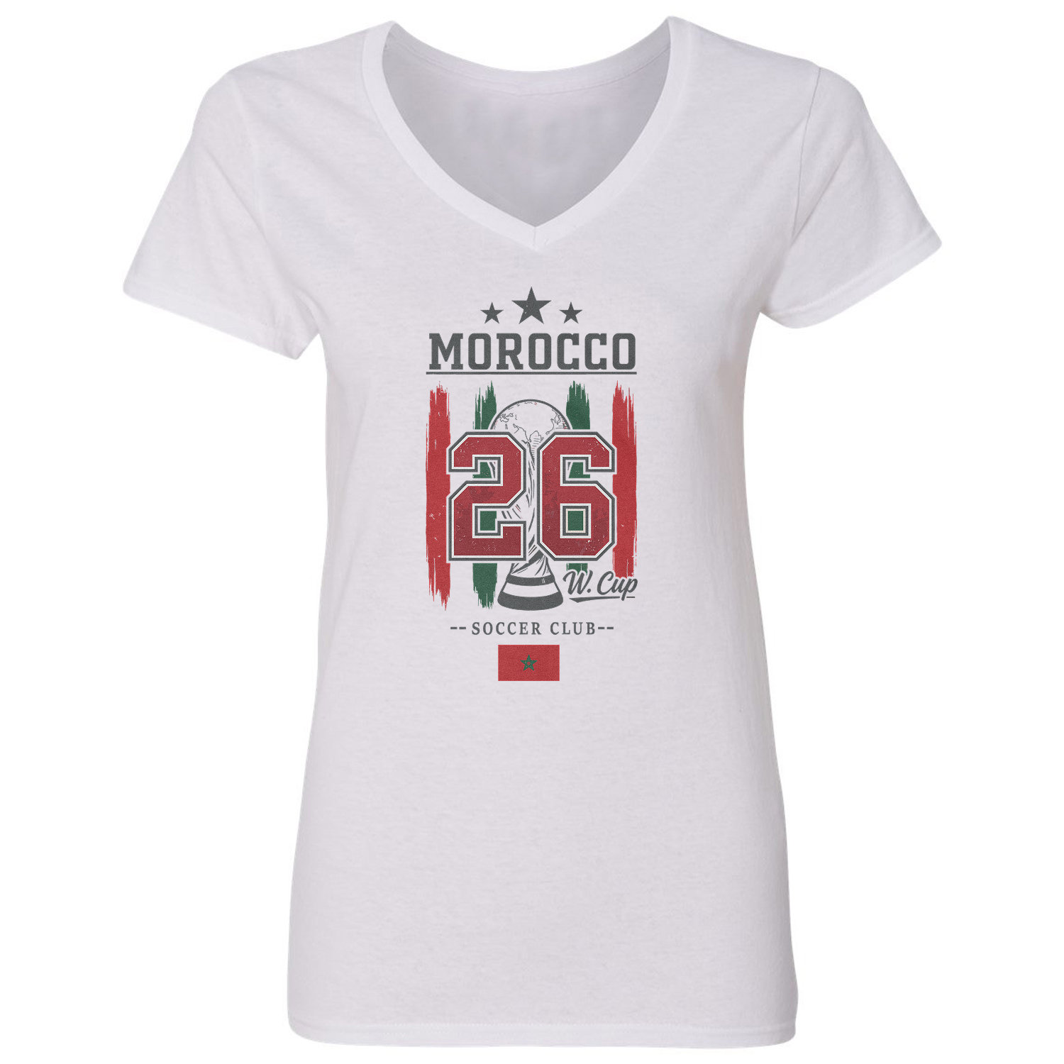 Morocco 26 Flag and Stripes Soccer Fans Ladies’ V-Neck Tshirt