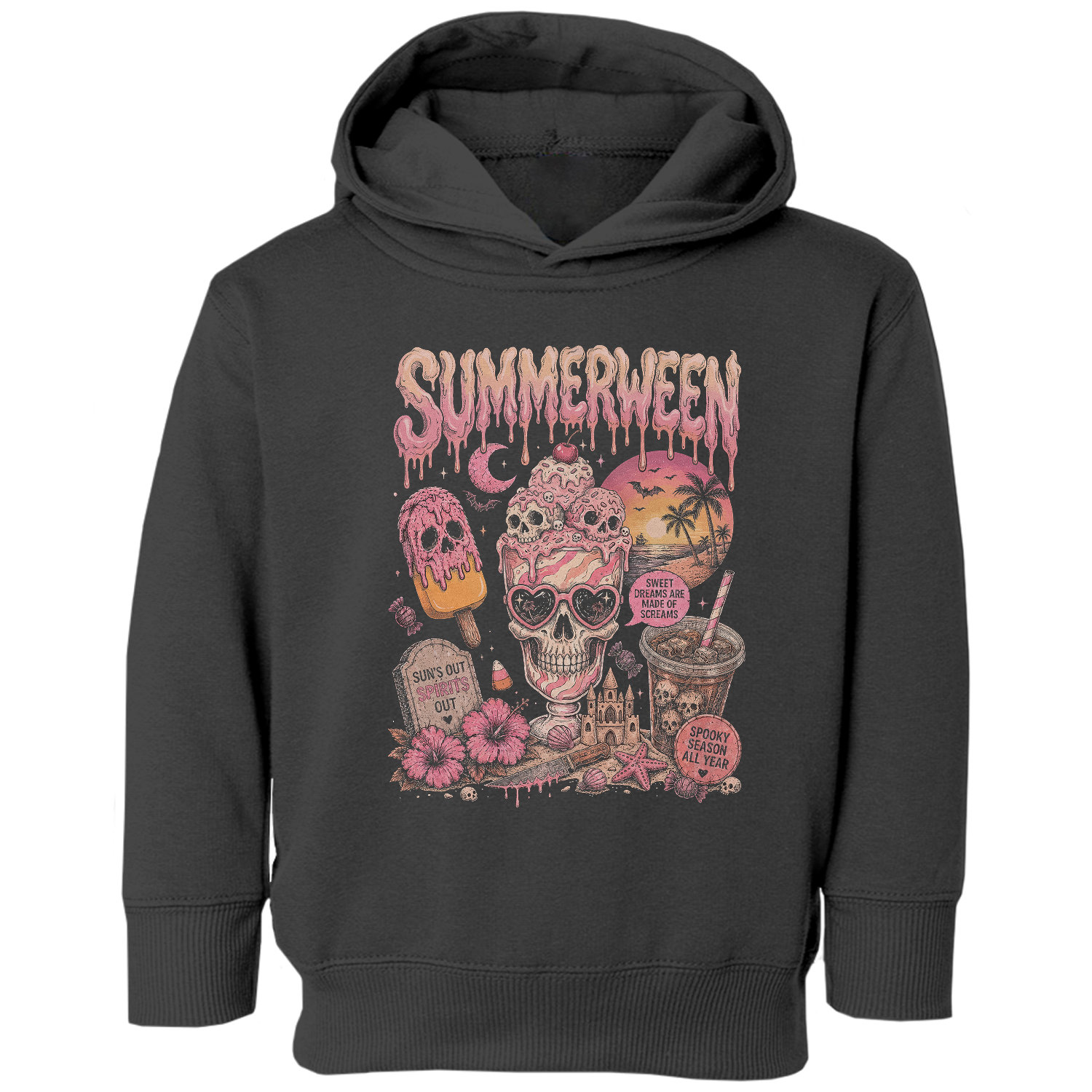 Summerween Ice-Cream Drip Skull Spooky Graphic Toddler Hooded Sweatshirt