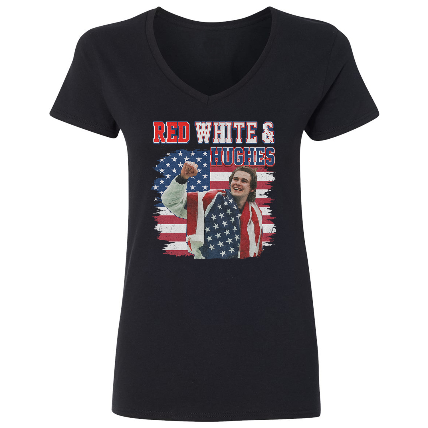 Red White and Hughes Jack USA Golden Boy Hockey Ladies’ V-Neck Tshirt