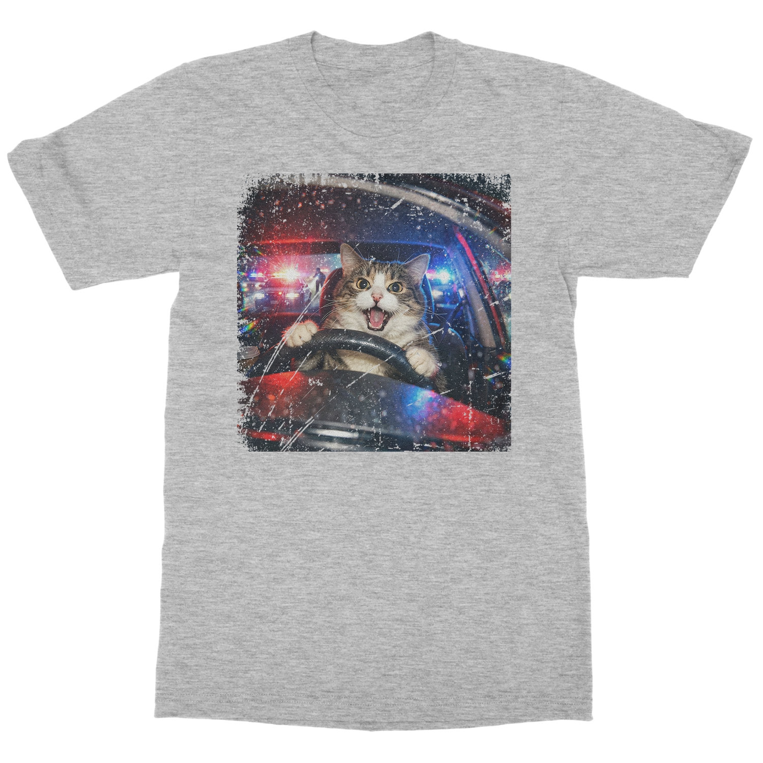 Cat Driving Car Police Chase Meme Funny Unisex T-Shirt